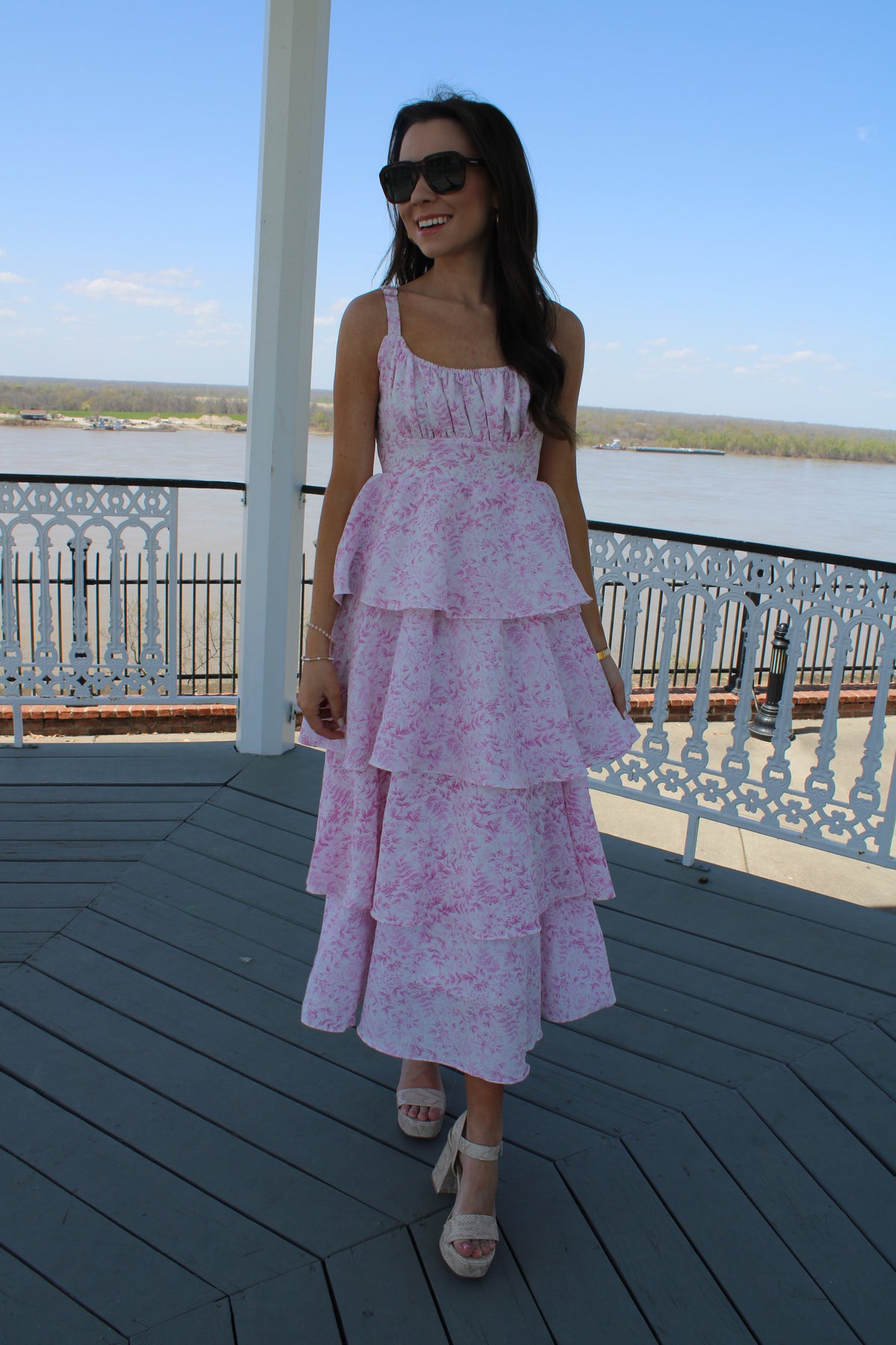Pink Floral Tiered Ruffle Dress