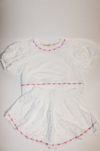 White Pearl Bow Embroidered Skort Set Restock!!