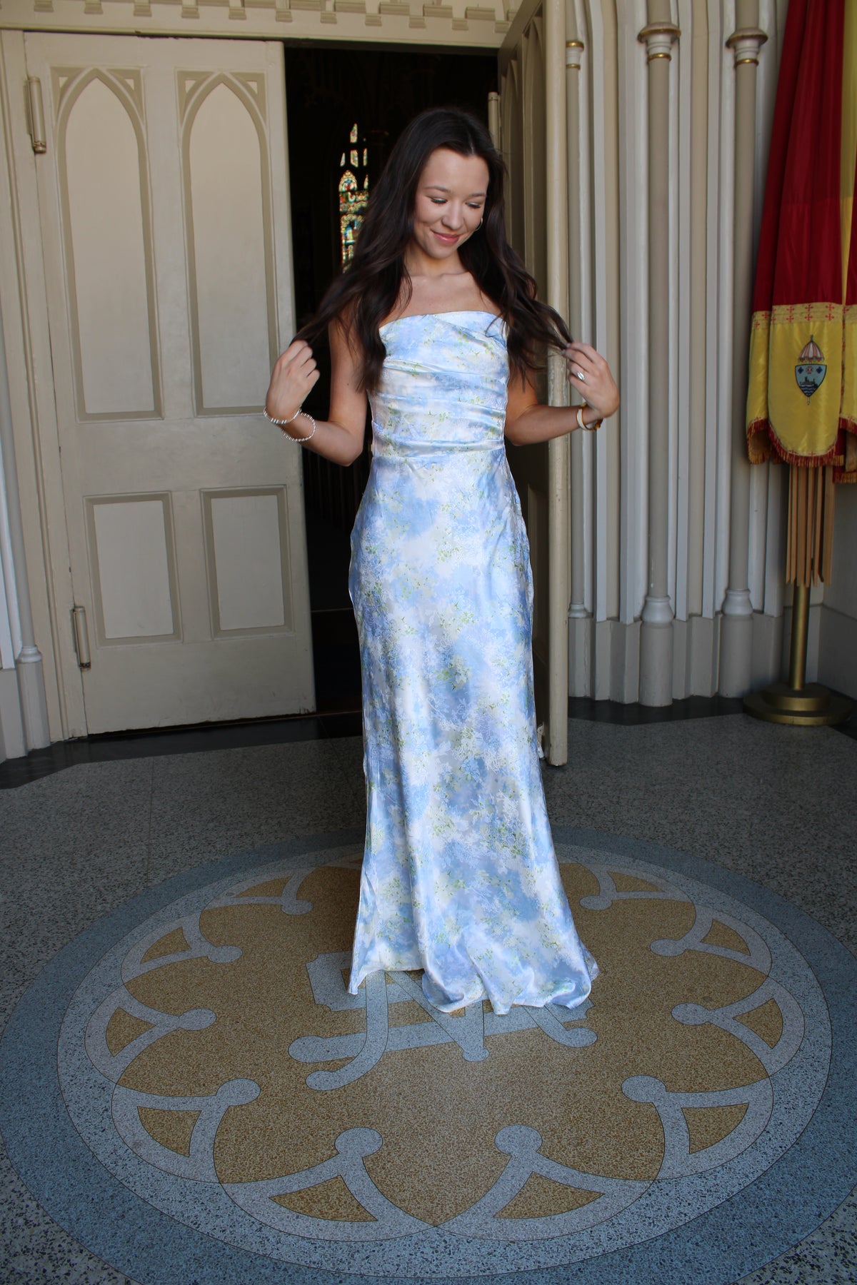 Blue Strapless Floral Dress