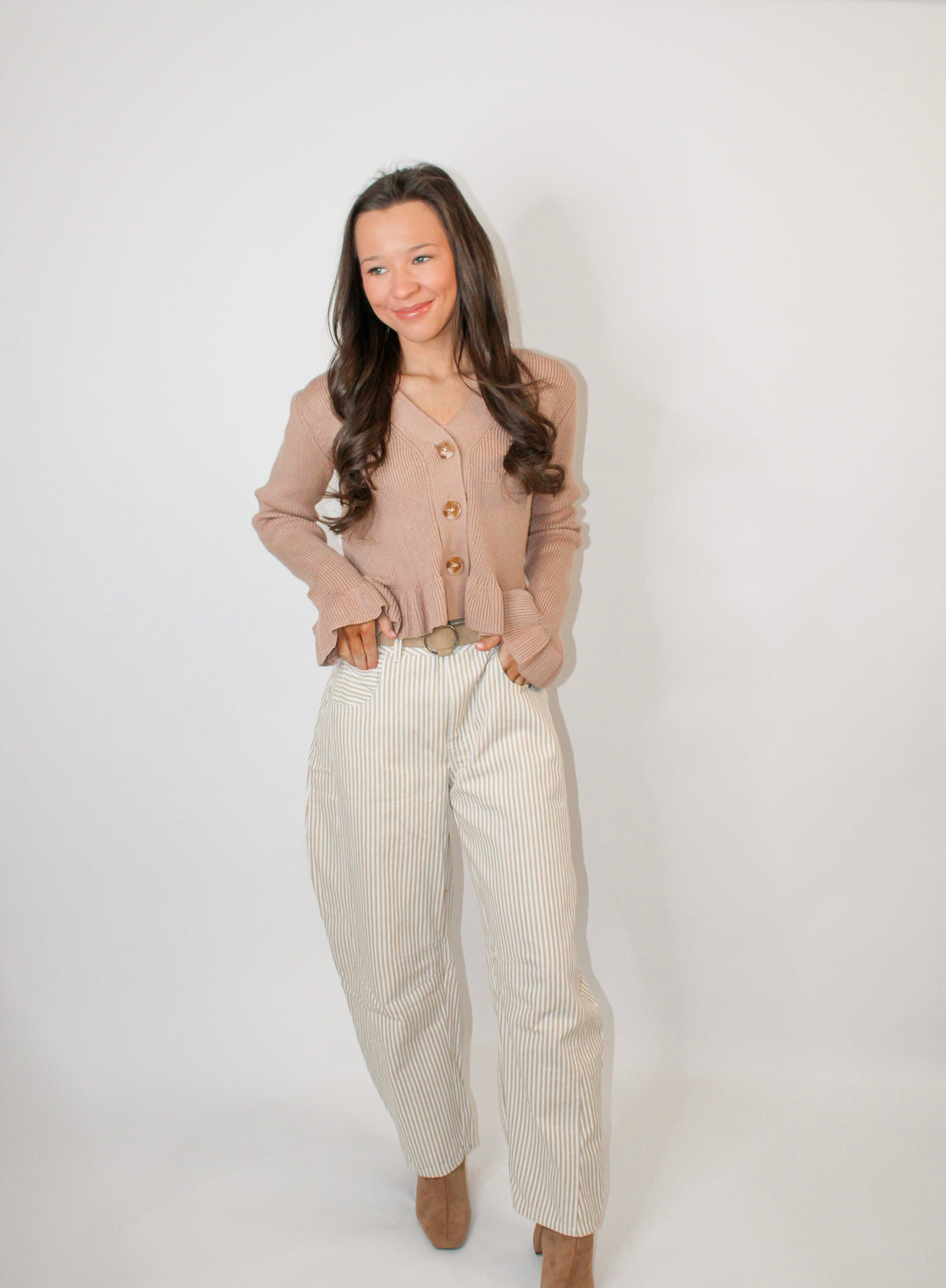 Tan Striped Barrel Jeans