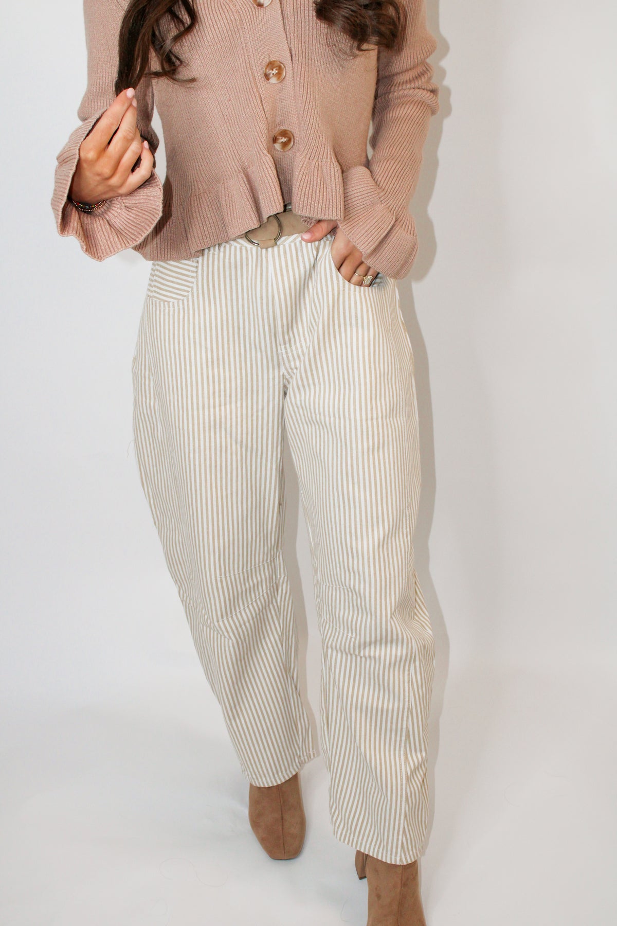 Tan Striped Barrel Jeans