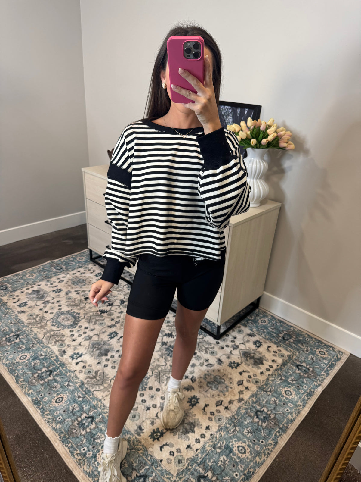 Karen Black & White Striped Top