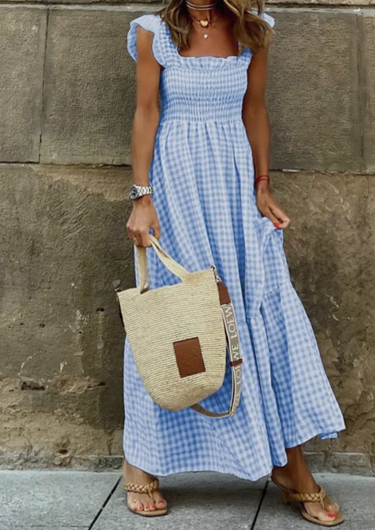 Blue Plaid Square Neck Dress