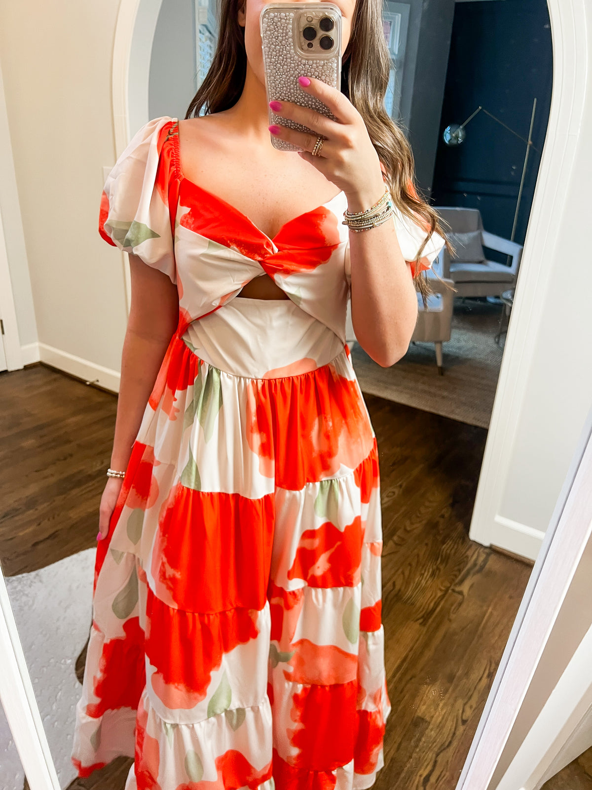 Orange Floral Bubble Sleeve Maxi Dress (Final Sale)