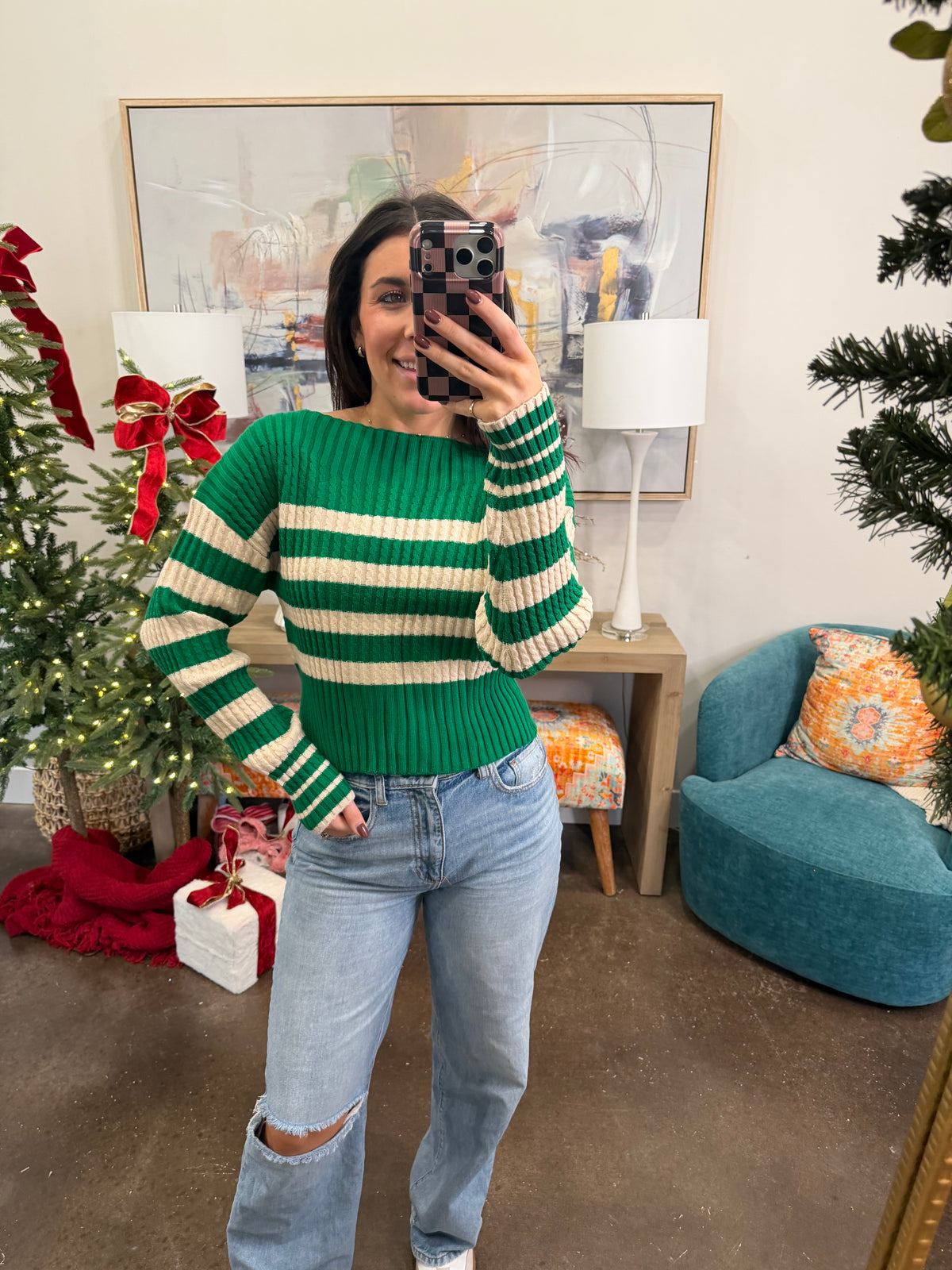 Green and Cream Striped Sweater