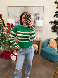 Green and Cream Striped Sweater