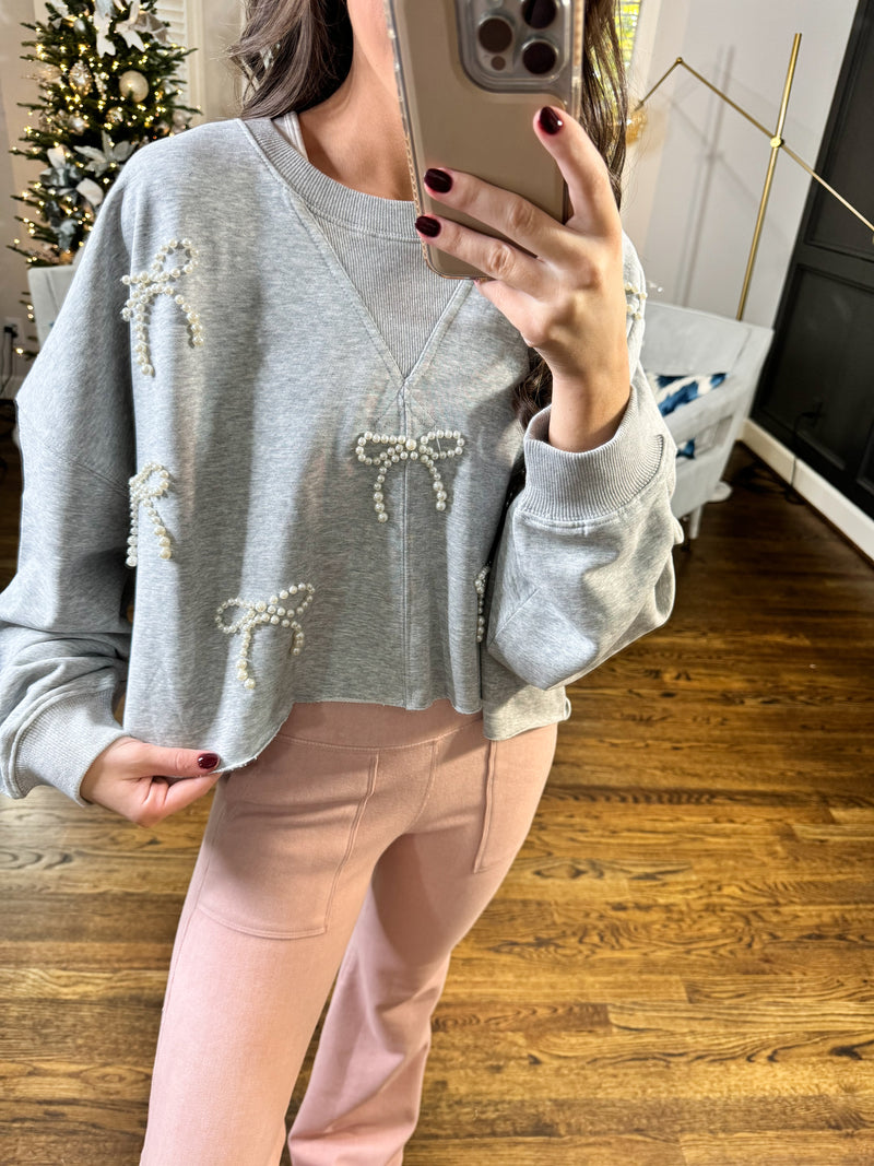 Grey Pearl Bow Sweater