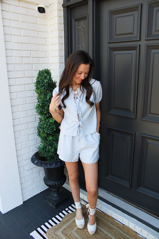 Checkered Blue Bow Set