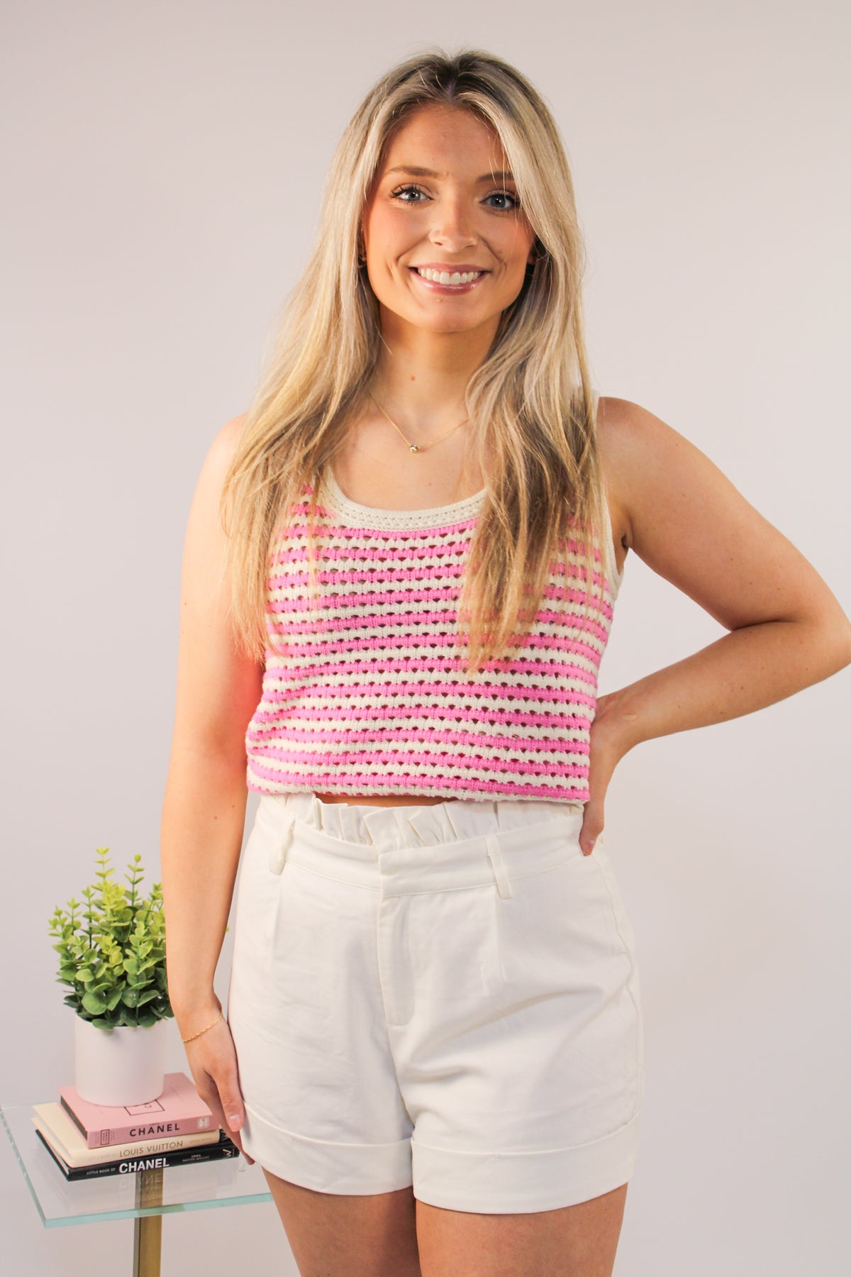 Pink & White Crochet Tank