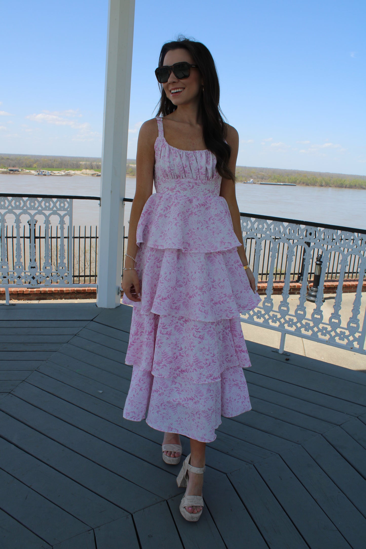Pink Floral Tiered Ruffle Dress