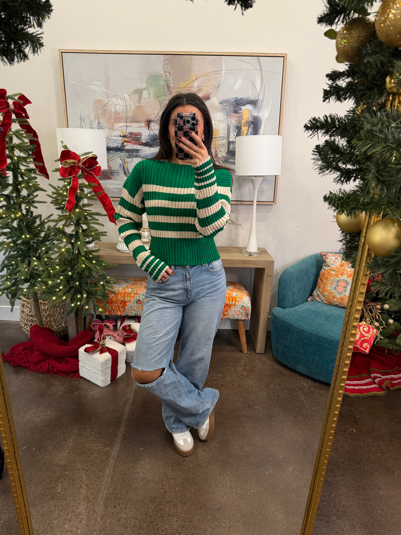 Green and Cream Striped Sweater