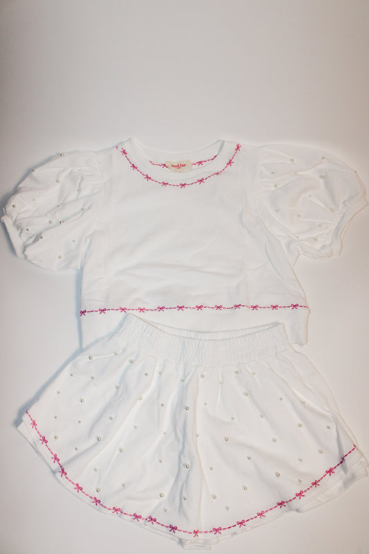 White Pearl Bow Embroidered Skort Set Restock!!