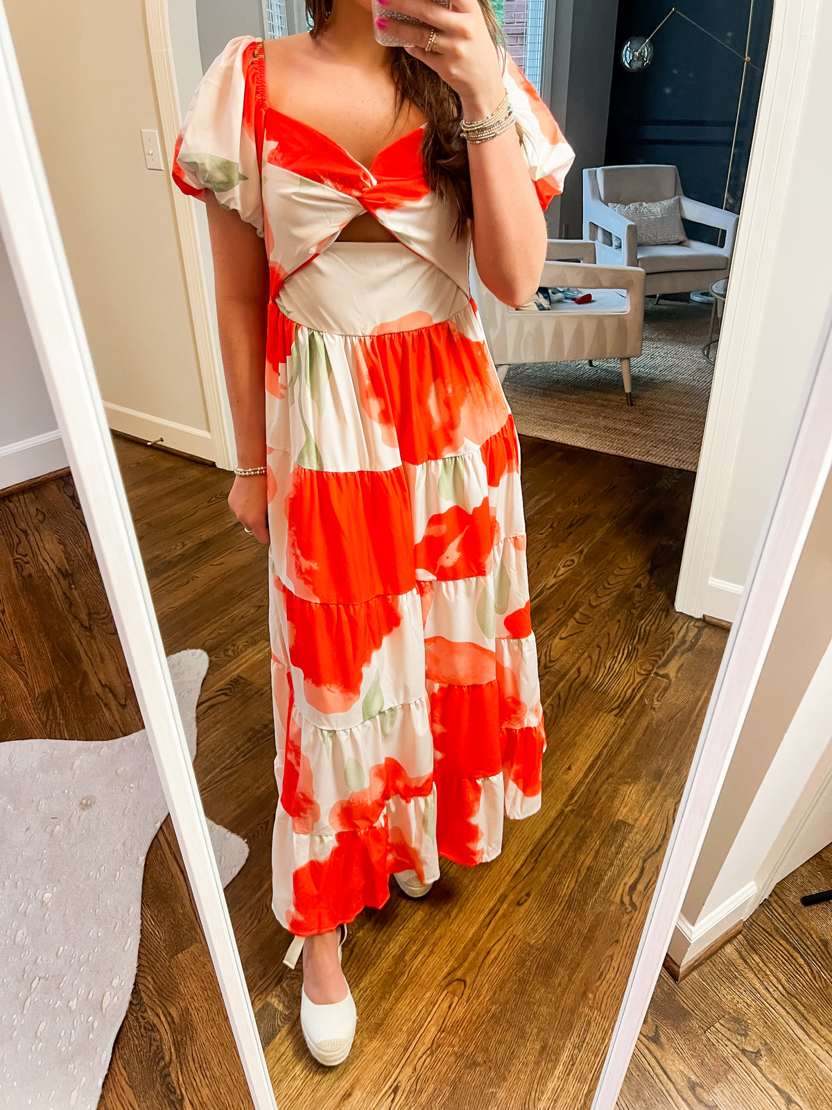 Orange Floral Bubble Sleeve Maxi Dress (Final Sale)