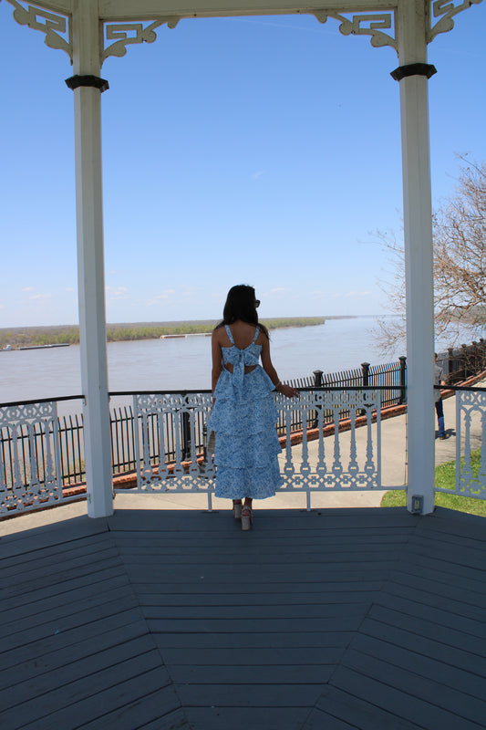Blue Floral Ruffle Tiered Dress