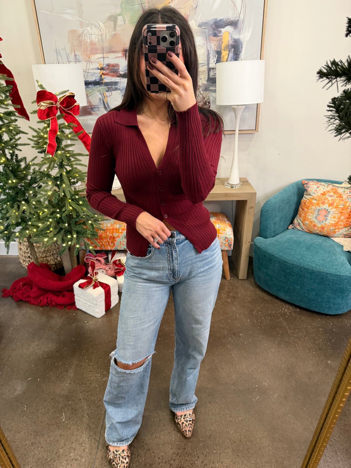 Red Button Up Top