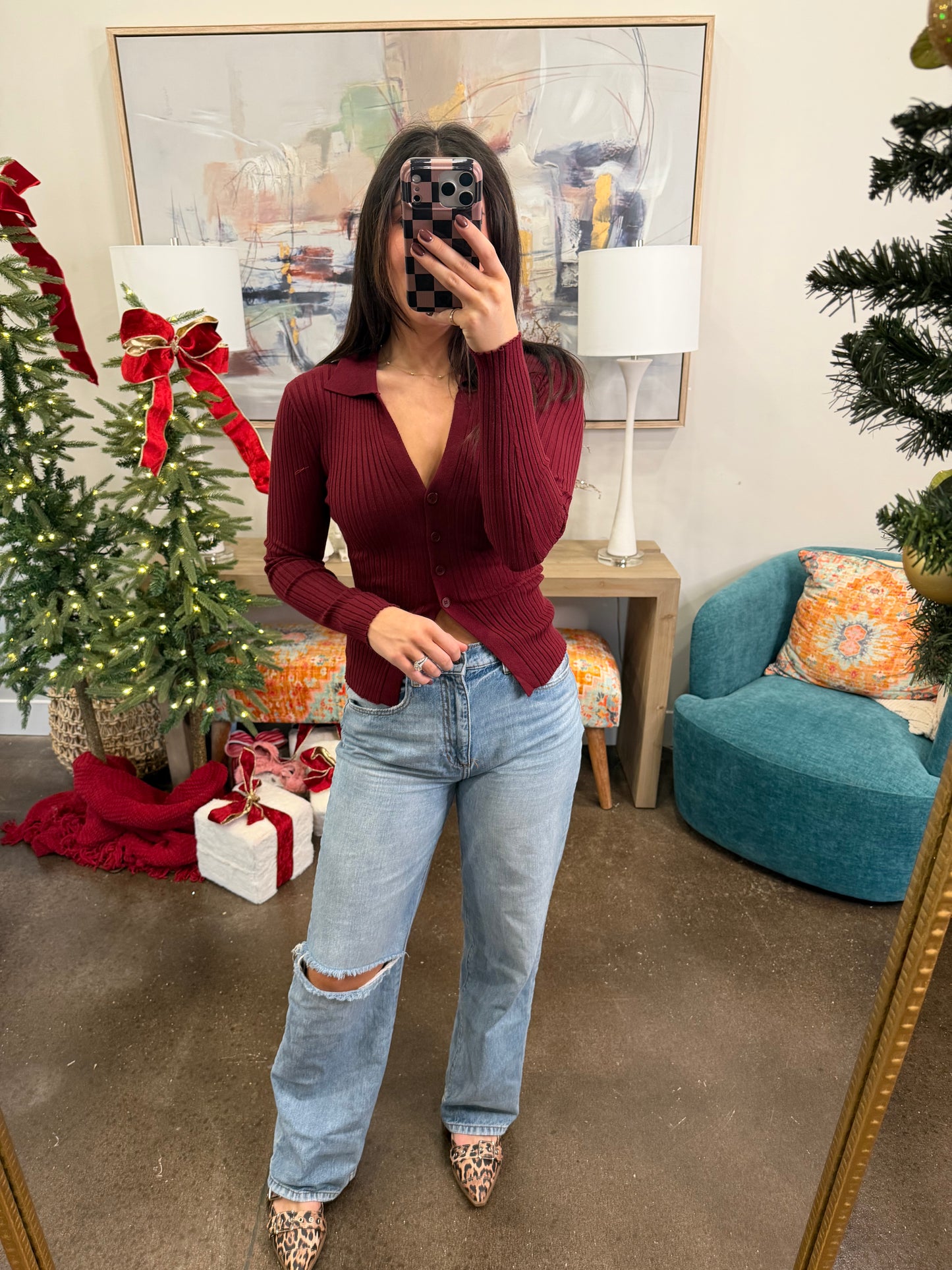 Red Button Up Top