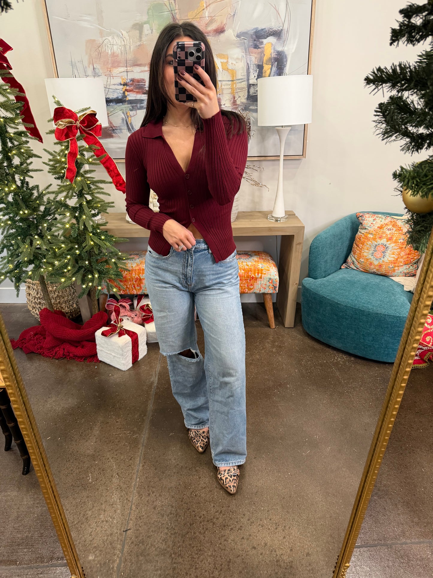 Red Button Up Top