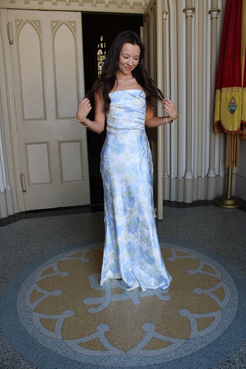 Blue Strapless Floral Dress