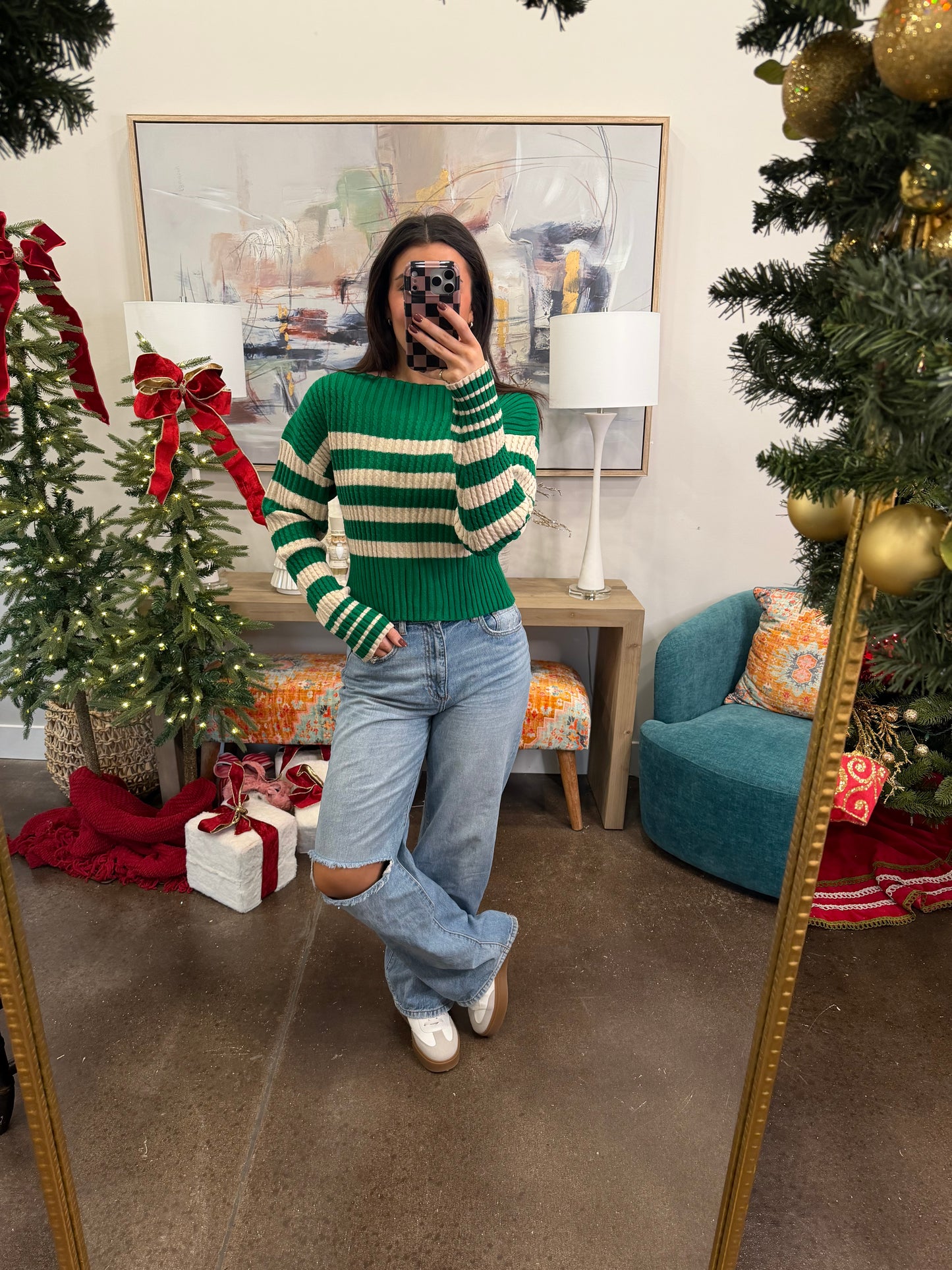 Green and Cream Striped Sweater