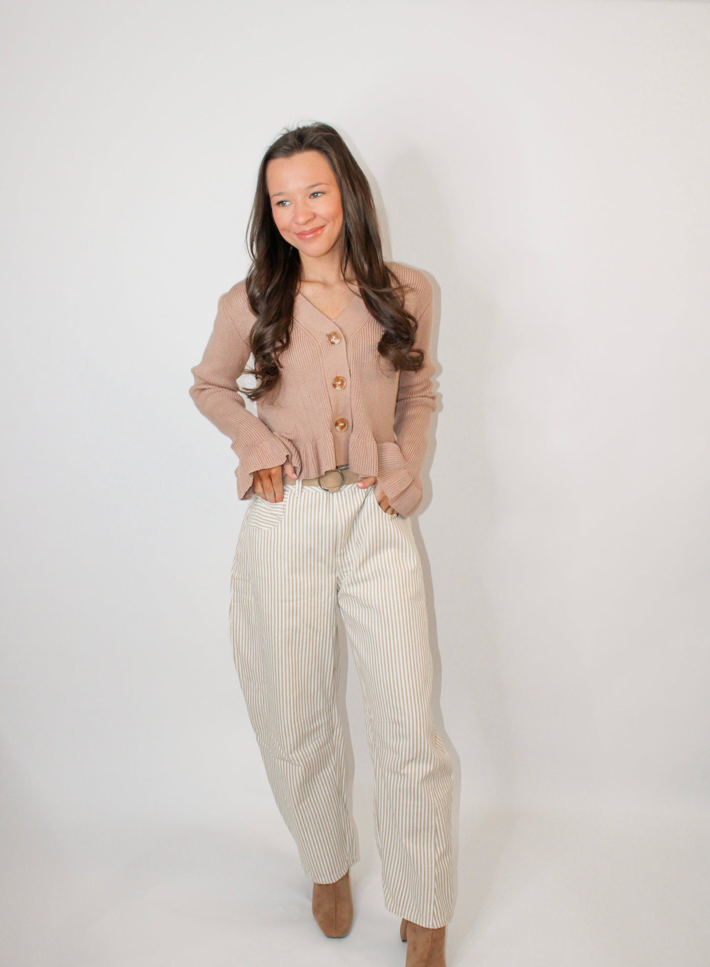 Tan Striped Barrel Jeans